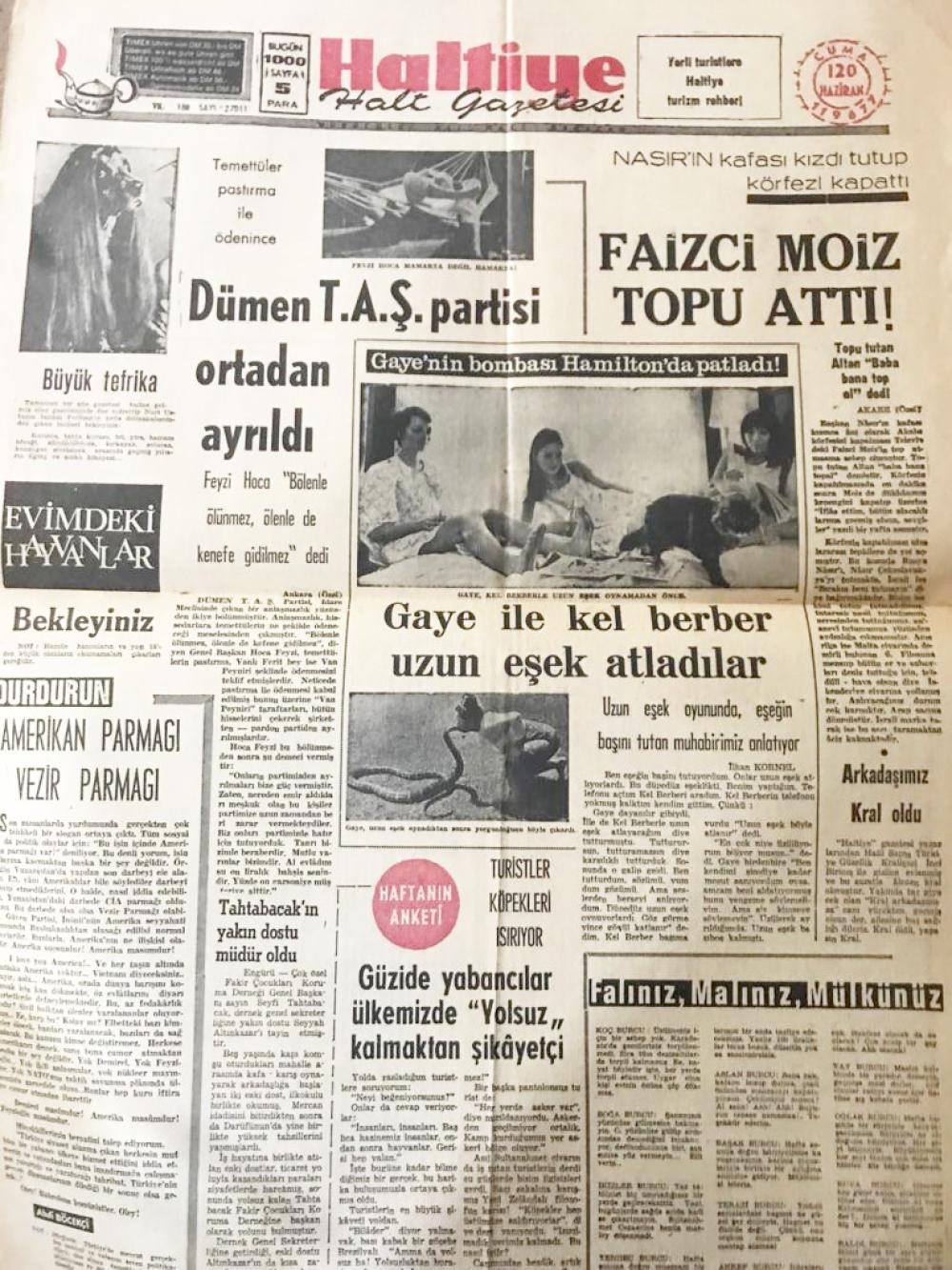 Deli  gazetesi, 1967, Orta sayfa Haltiye gazetesi Mizah gazetesi, Aziz Nesin, Elif Naci