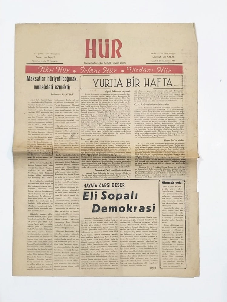 Hür Haftalık Siyasi Gazete 2, 3,4 ve 5. sayılar Mehmet Ali AYBAR - Gazete