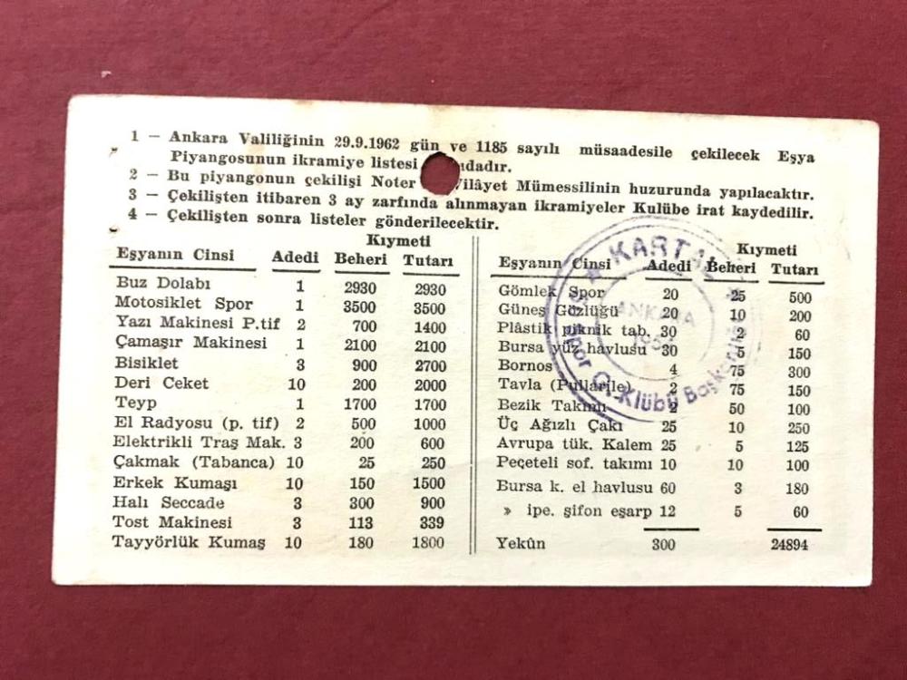 K. Su Spor Kulübü Eşya Piyangosu 1963 - Kınalıada Su Sporları Kulübü