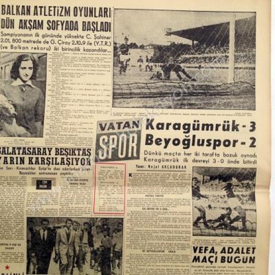 Vatan gazetesi, 20 Eylül 1958 Karagümrük spor, Beyoğluspor - Efemera