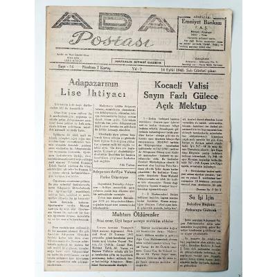 Ada Postası gazetesi, 14 Eylül 1948 Adapazarı - Efemera