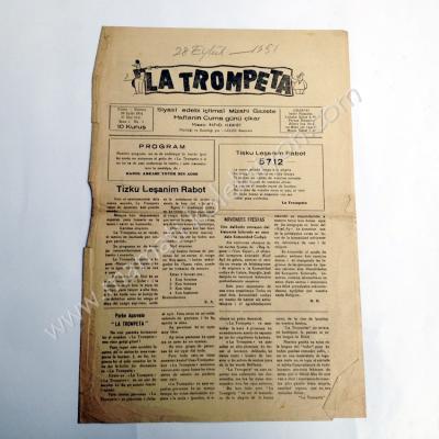 La Trompeta, Siyasi edebi içtimai mizahi gazete, 28 Eylül 1951, Sayı:1 Yahudilere ait efemeralar Rafael ALKAHER - Efemera