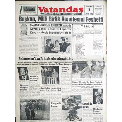 Başkan Milli birlik komitesini feshetti 14,11,1960 Adana Vatandaş gazetesi