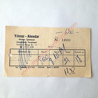 Yılmaz Alemdar Otobüs işletmesi - Otobüs bileti Eski Otobüs biletleri Çanakkale terminali - Efemera