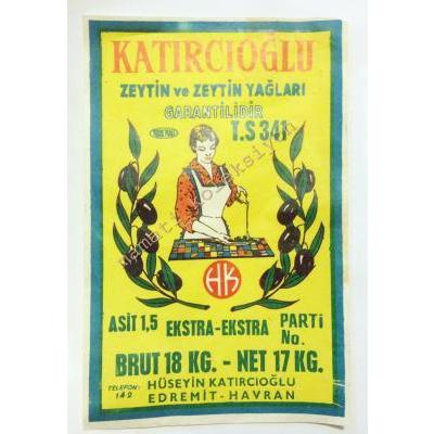 Katırcıoğlu Zeytin ve Zeytin yağları,  Havran - Teneke etiketi Zeytin ve Zeytinyağı efemeraları - Efemera
