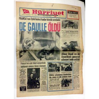 Hürriyet Gazetesi - De Gaulle öldü  11 Kasım 1970 - Efemera