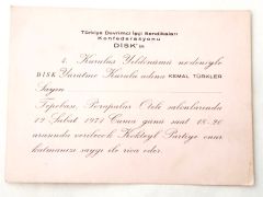 Disk Kuruluş yıldönümü davetiye.Kemal TÜRKLER, 1971 Sıkıyönetim.. - Efemera