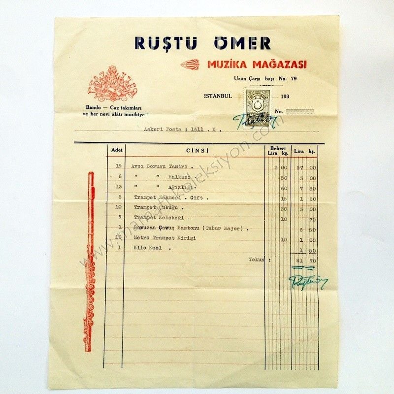 Rüştü Ömer Muzika mağazası * Bando Caz takımları * Fatura