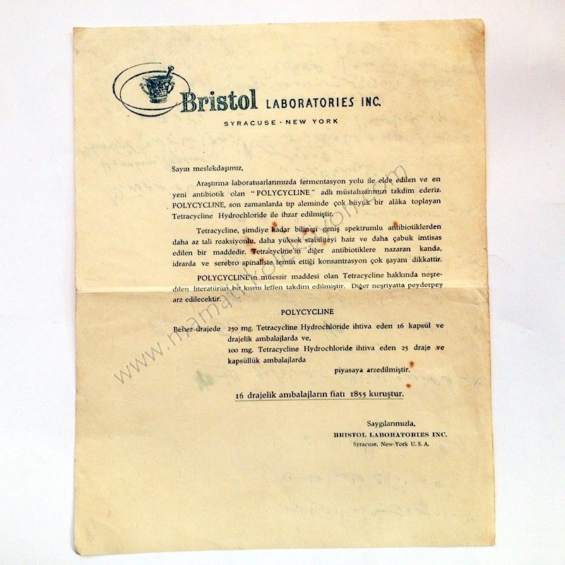 Bristol Laboratories inc. Baskı reklam mektup