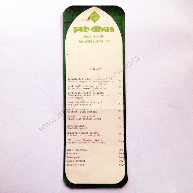 Pub Divan 7,3,1980 * Menü