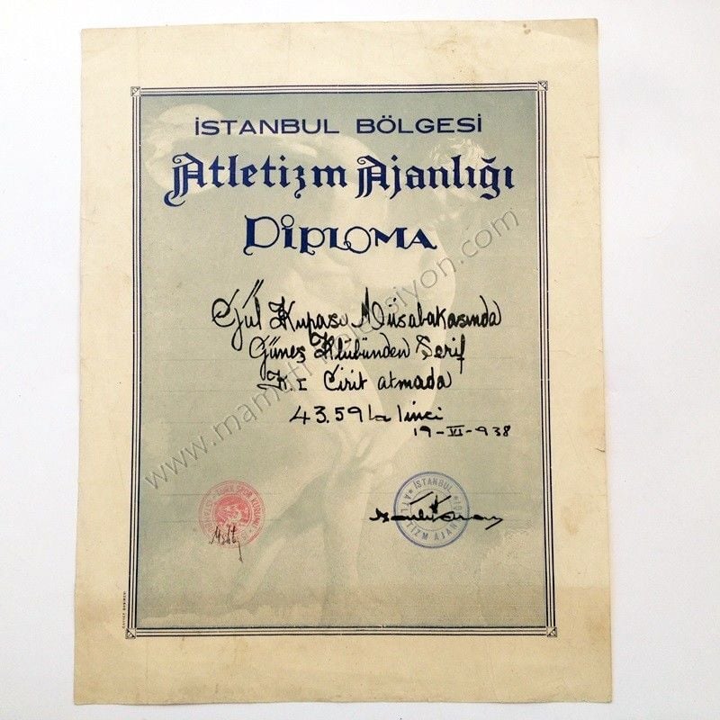 İstanbul Bölgesi Atletizm ajanlığı * Diploma 1938 Cirit atma