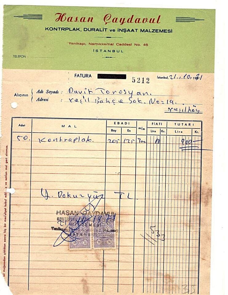 Hasan ÇAYDAVUL Kontraplak duralit *  Fatura