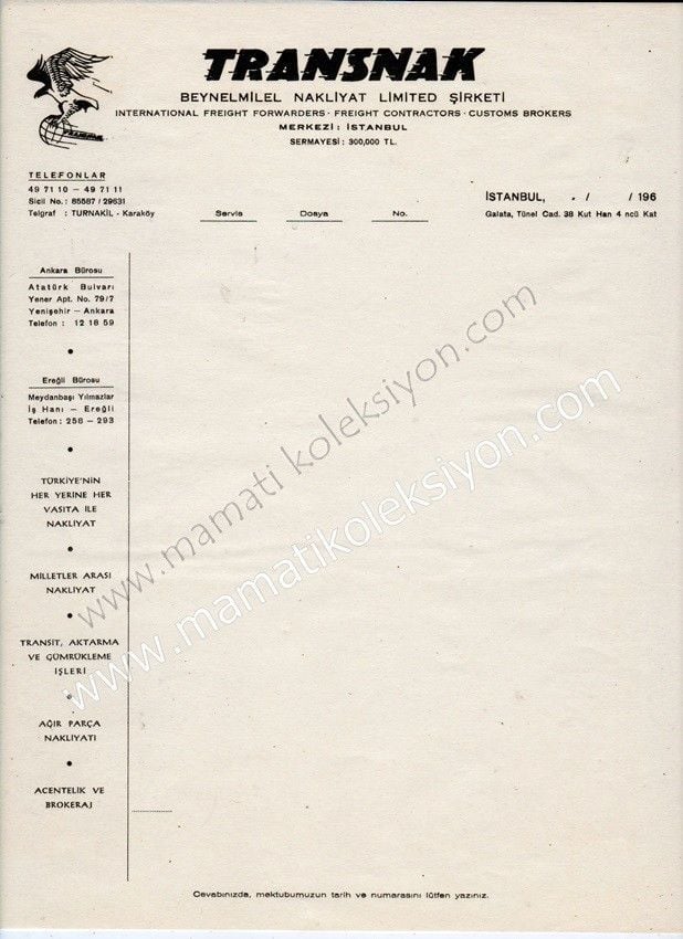Transnak Beynelmilel Nakliyat Limited şirketi * Antetli kağıt