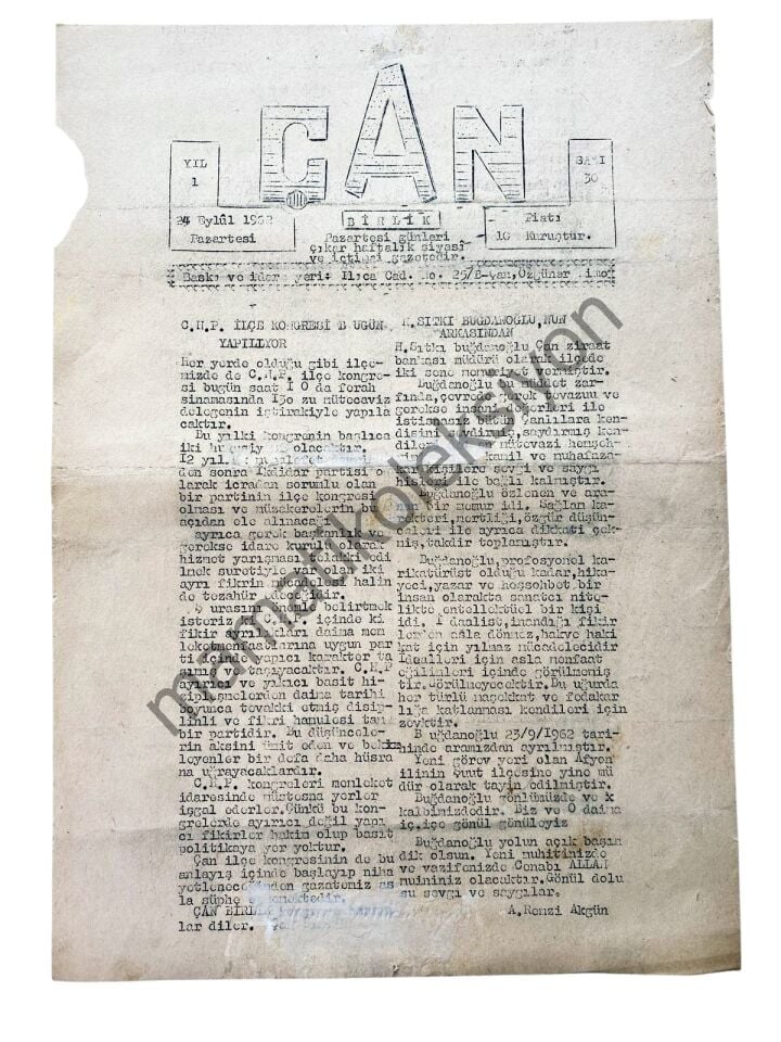 Çan Birlik gazetesi, 26 Mart 1962, Sayı:28 - 29 - 30 Çanakkale