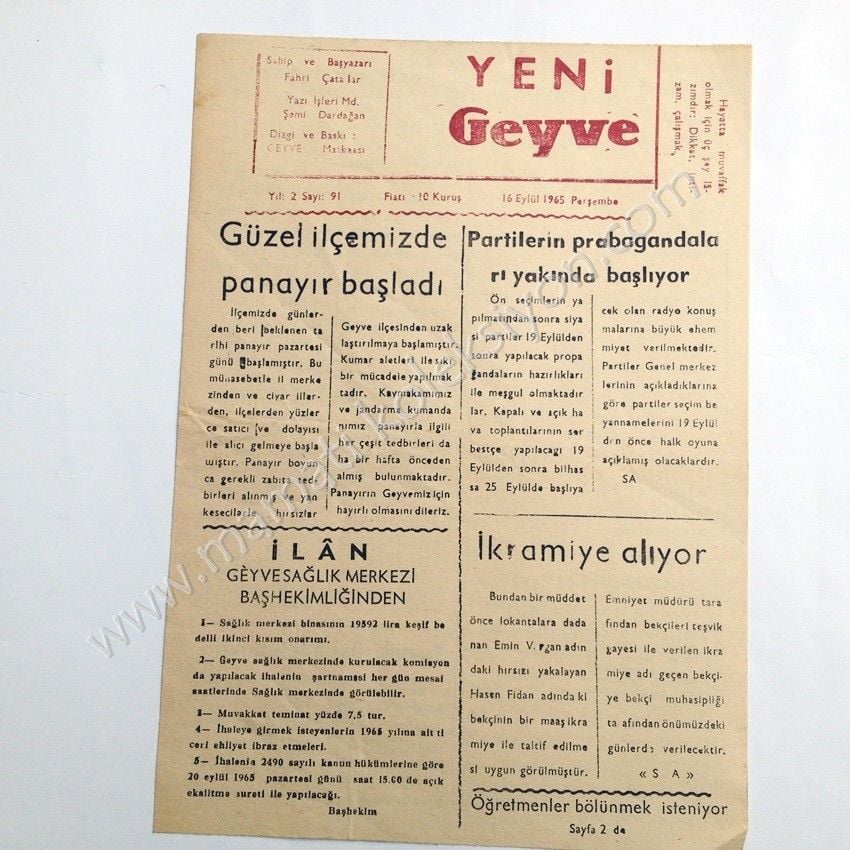 Yeni Geyve gazetesi. 16 Eylül 1965 SAKARYA