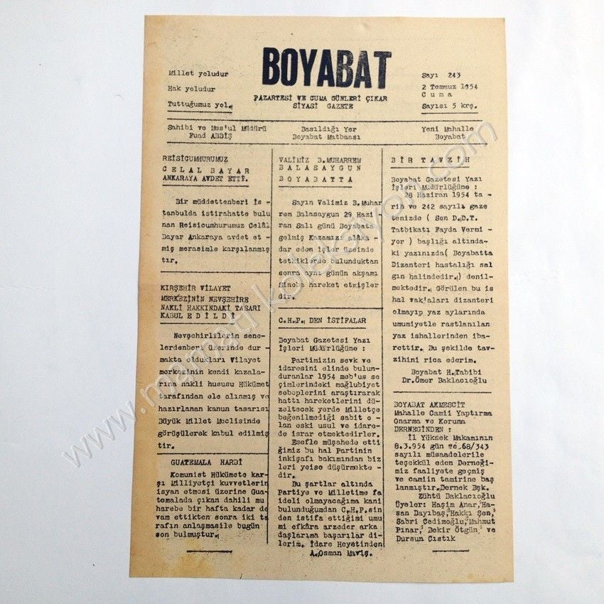Boyabat gazetesi, 2 Temmuz 1954 Sinop