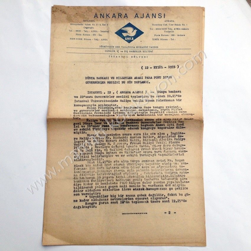 Ankara Ajansı bülten, 12 Eylül 1955  8 Sayfa