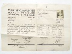 Tekirdağ Cumhuriyet İlkokulu Diploma 1944 tarihli- Efemera
