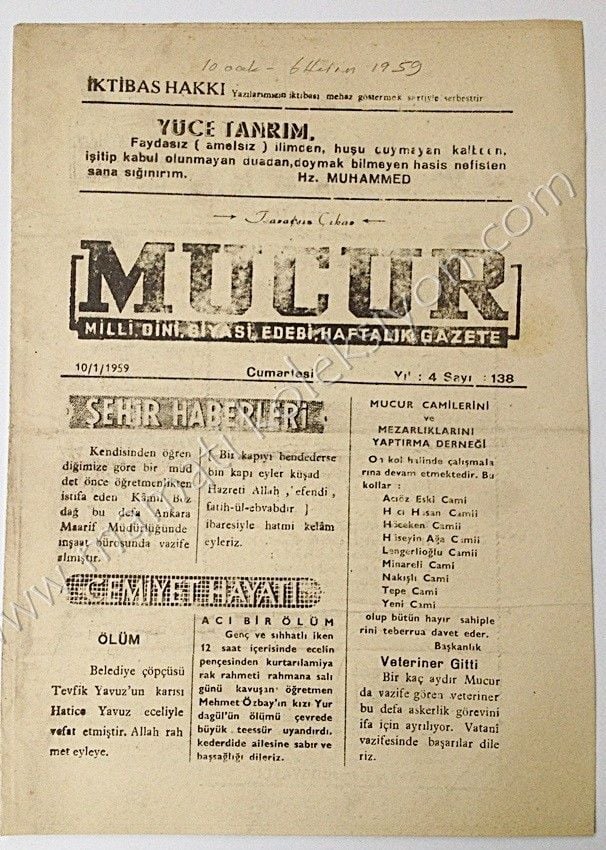 Mucur Milli, Dini, Siyasi, Edebi, Haftalık gazete * 10 Ocak 1959 KIRŞEHİR