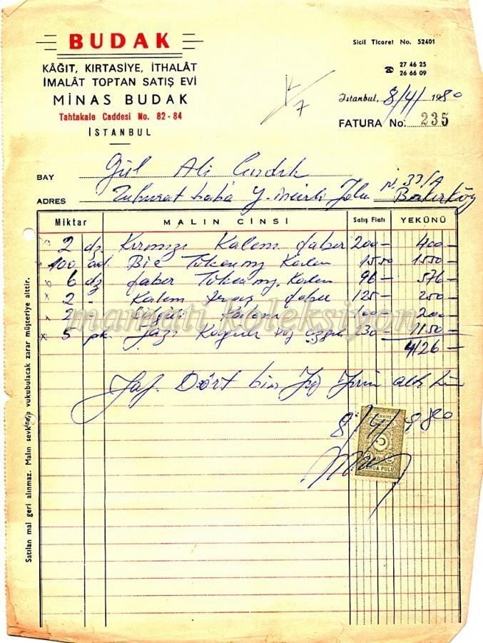 Budak Kırtasiye İthalat fatura - Minas BUDAK * Fatura