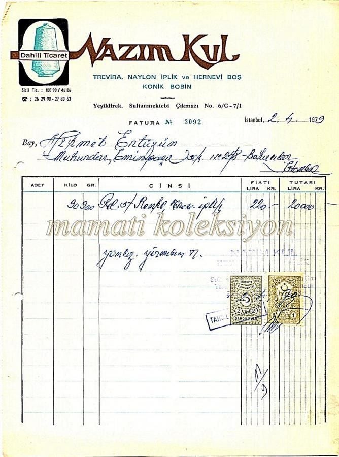 Nazım KUL Dahili Ticaret Trevira, naylon iplik * Fatura