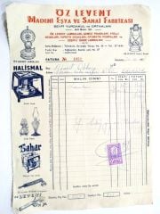 Öz Levent Madeni eşya ve sanai - Öz Levent lambaları, Halismal, Bahar ve Levent pompaları - Fatura /  Efemera