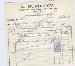 A. KURDİKYAN - Rezervuar, termosifon ve sıhhi malzeme / Fatura - Efemera