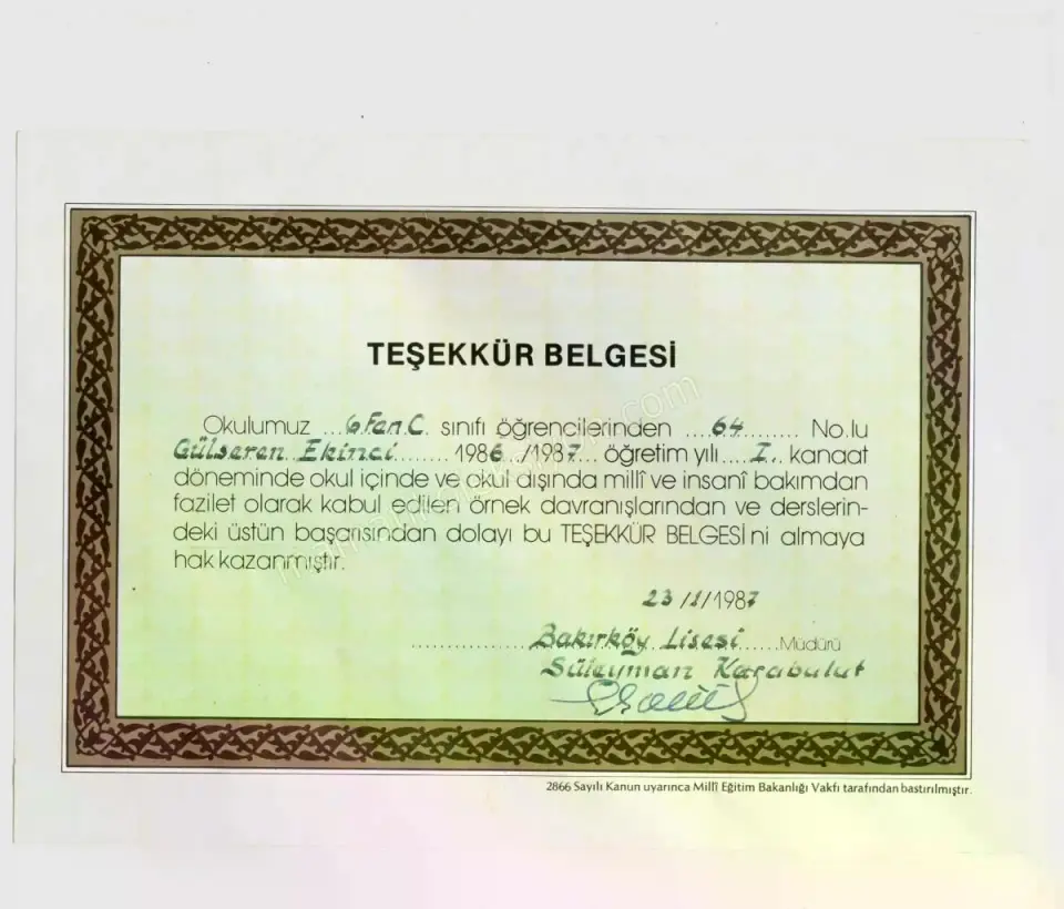 Bakırköy Lisesi 1987 yılı, Teşekkür belgesi