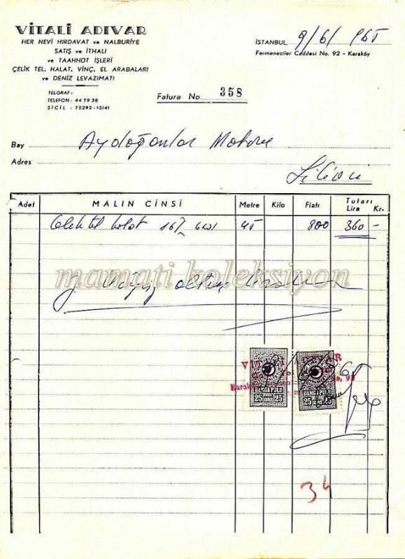 Vitali ADIVAR - Her nevi hırdavat ve nalburiye * Fatura