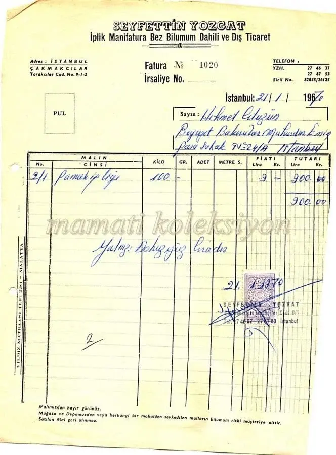 Seyfettin YOZGAT - İplik manifatura bez bilumum dahili  * Fatura