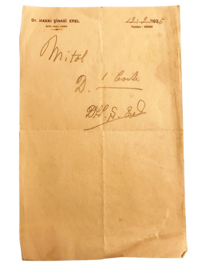 Dr. Hakkı Şinasi EREL - 1936 tarihli reçete