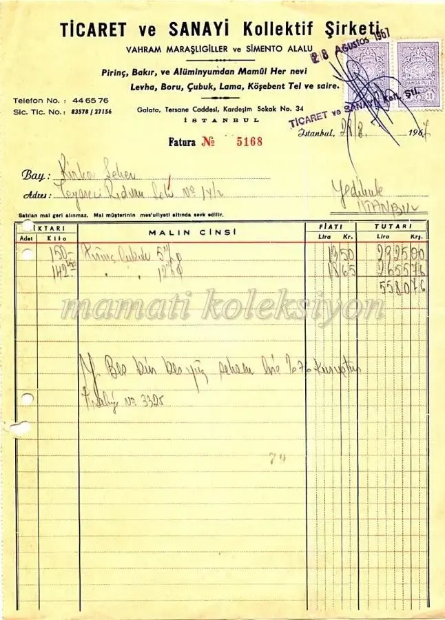 Ticaret ve Sanayi Kolektif Şirketi - Vahram MARAŞLIGİL ve Simento ALALU * Fatura