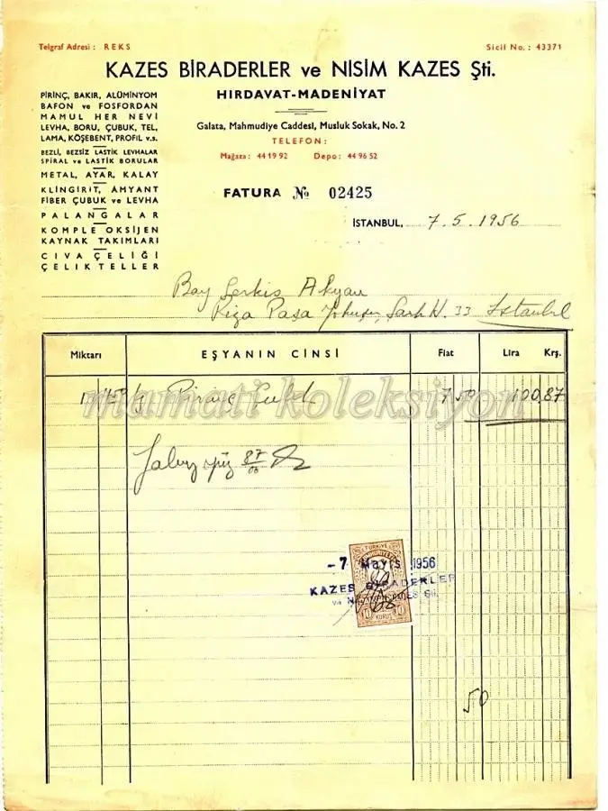 Kazes biraderler ve Nisim KAZES Hırdavat Madeniyat * Fatura