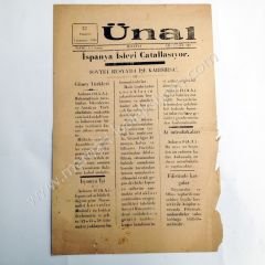 Ünal gazetesi, 12 - 1,teşrin 1936, Sayı:349 Malatya - Efemera
