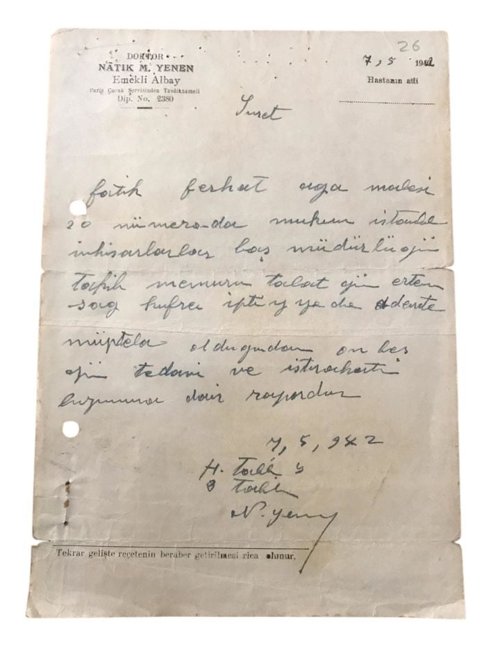 Doktor Namık M. YENEN - 1942 tarihli reçete