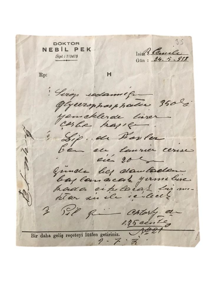 Doktor Nebil PEK - 1937 tarihli reçete