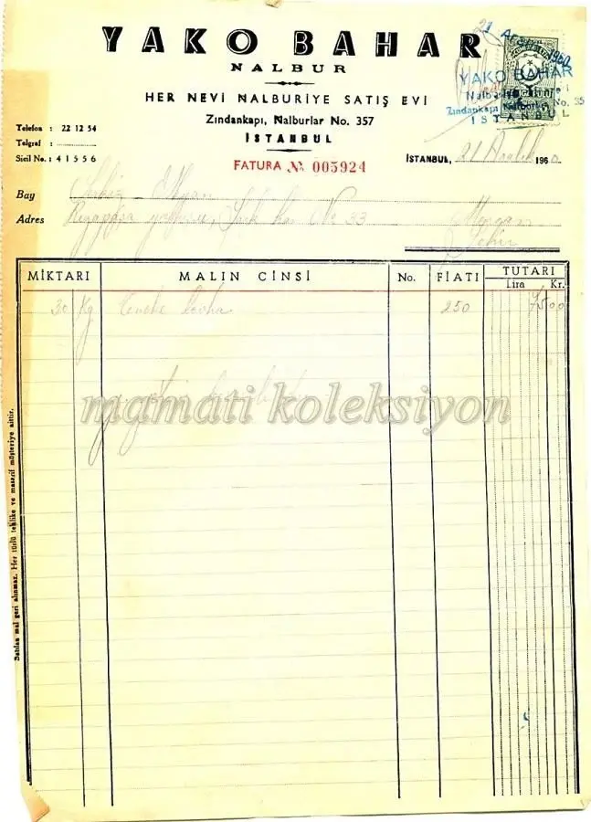 Yako BAHAR Nalbur * Fatura