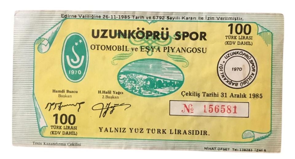 Uzunköprü Spor Otomobil ve Eşya Piyangosu 31 Aralık 1985