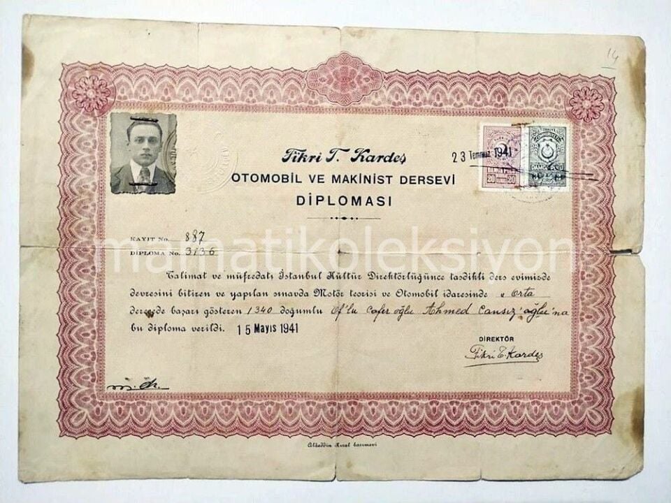 Fikri T. Kardeş Otomobil ve Makinist dersevi Diploması 1941
