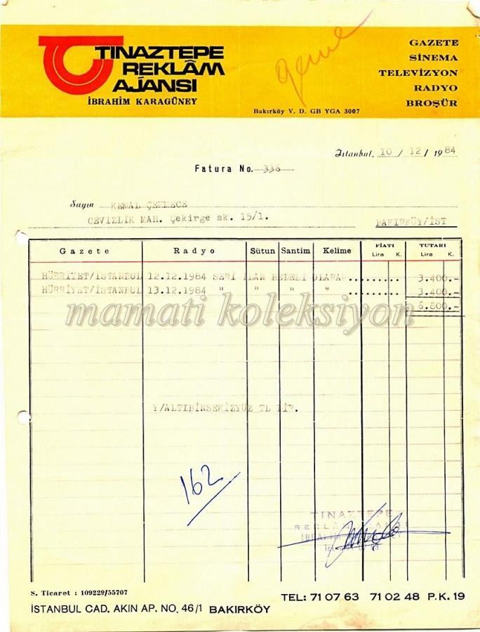 Tınaztepe Reklam Ajansı BAKIRKÖY * Fatura