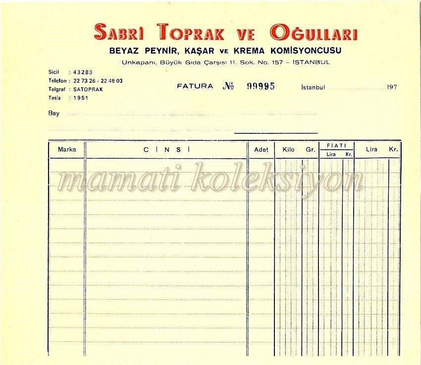 Sabri TOPRAK ve Oğulları * Beyaz peynir, kaşar, ve krema * Fatura
