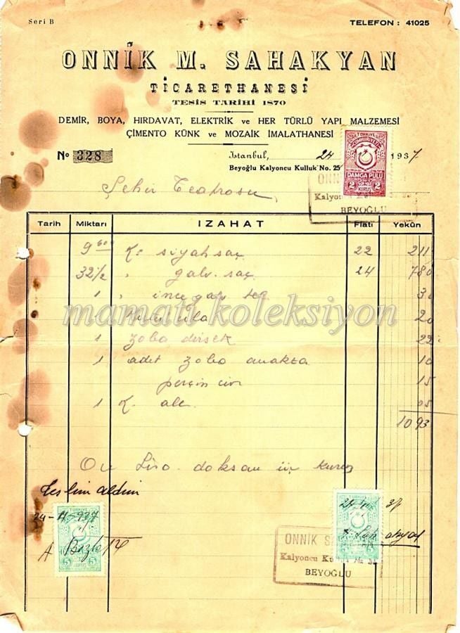 Onnik SAHAKYAN Ticarethanesi Hırdavat * Fatura