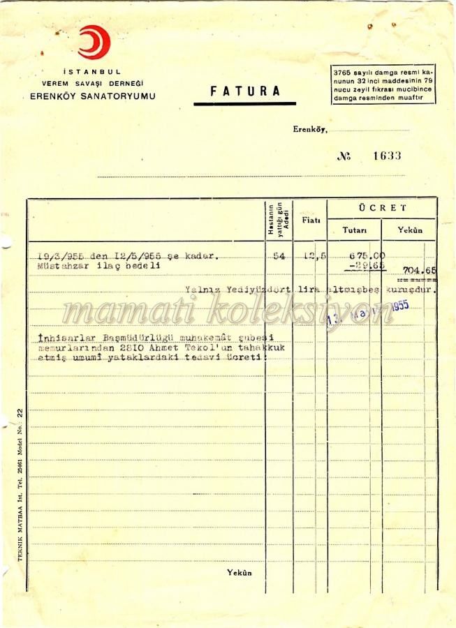 İstanbul Verem Savaş Derneği - Erenköy Senatoryumu * Fatura