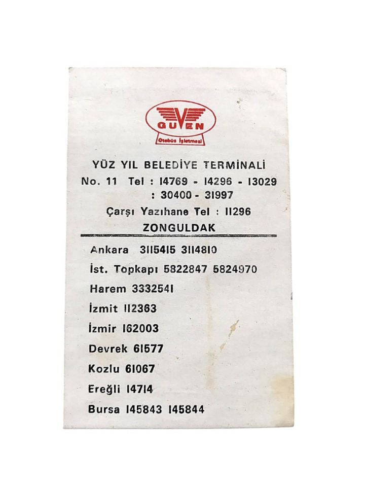 Güven Otobüs İşletmesi ZONGULDAK - Kartvizit ve Hareket Saatleri