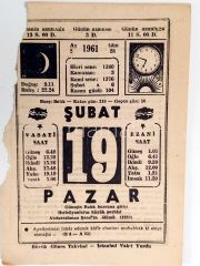 19 Şubat 1961 - Takvim yaprağı