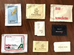 8 adet havayollarına ait sabun, tuz vs. - Gulfair, Emirates, British Airways, Panam