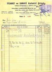 Ticaret ve Sanayi Kolektif Şirketi - Vahram MARAŞLIGİL ve Simento ALALU - Fatura - Efemera