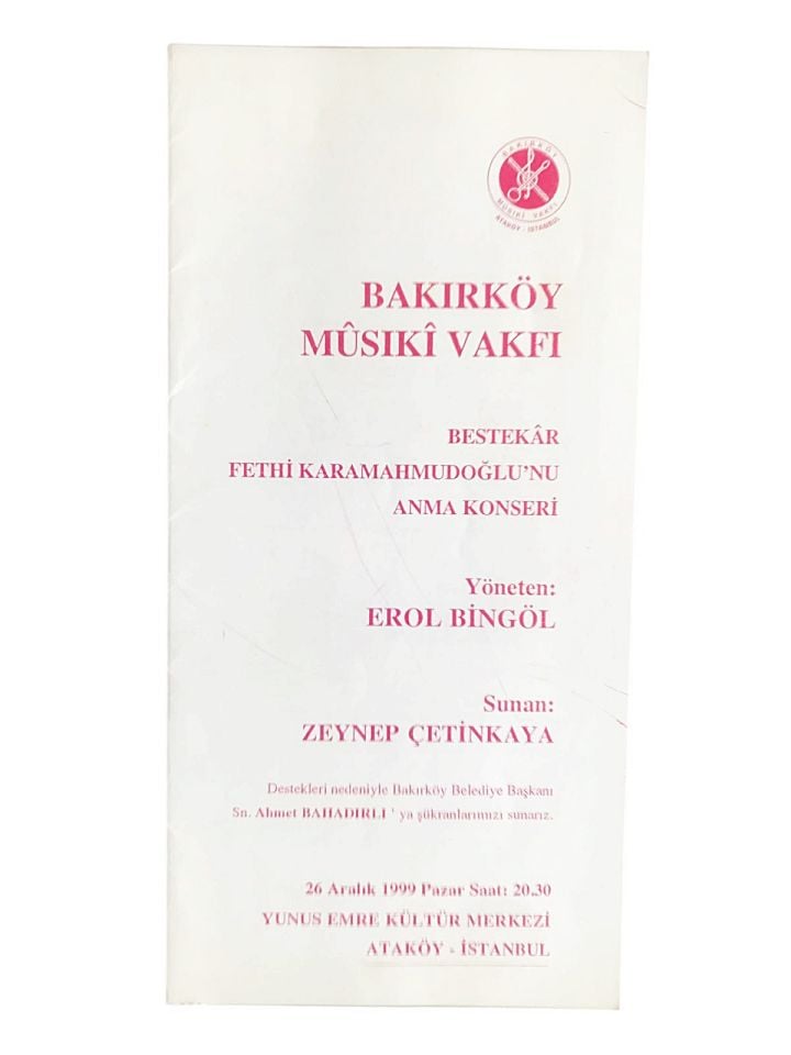Bakırköy Musiki Vakfı - Fehmi KARAMAHMUDOĞLU'nu anma konseri / Broşür