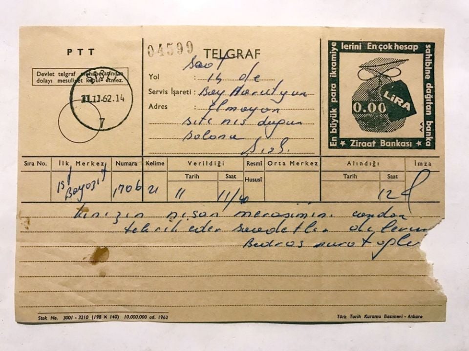1962 tarihli, Ermeni bir şahısa gönderilen telgraf