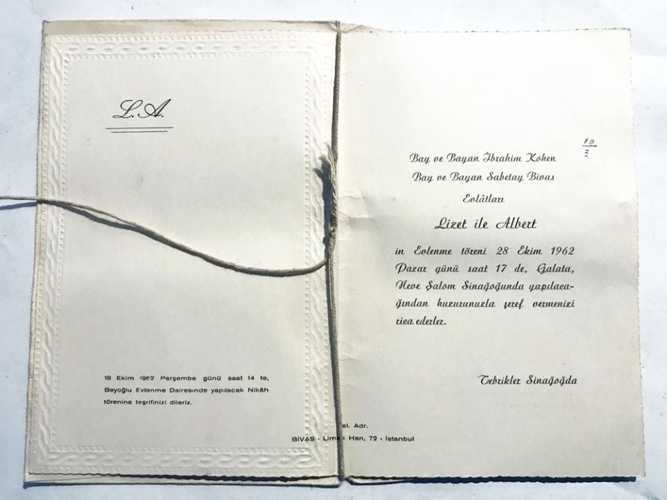 KOHEN ve BİVAS aileleri - 1962 tarihli, düğün davetiyesi